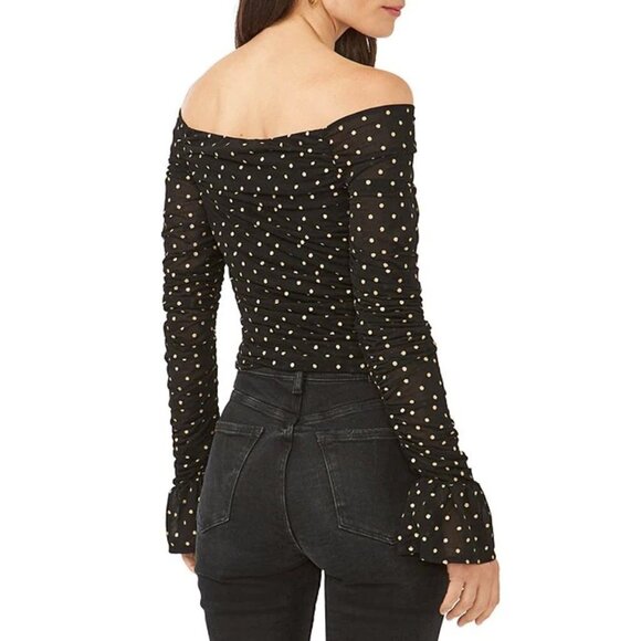 NWT 1. STATE Ruffle Cuff Off Shoulder Ruched Sleeve Top Black & Gold Polka Dot - Picture 2 of 3